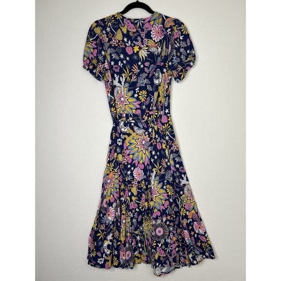 Modcloth Faux Wrap Midi Dress Size 2 Kaleidoscopic Dreamscape Moons Floral Print - Picture 6 of 6